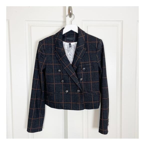 WHBM Studio Windowpane Plaid Crop Blazer Double Breasted Lined - Picture 1 of 10
